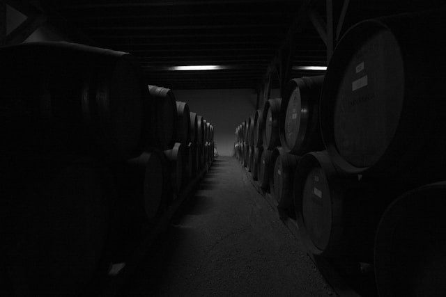 a row of wine barrels in a dark room