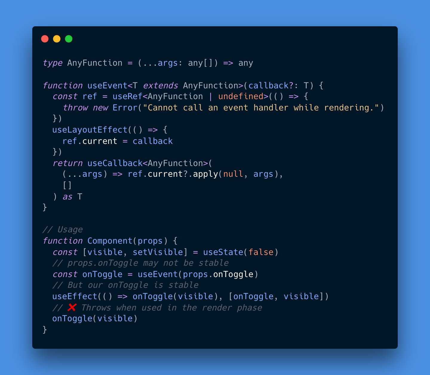 Screenshot of code where a useEvent function is defined and used. Text version available on the link in the tweet.